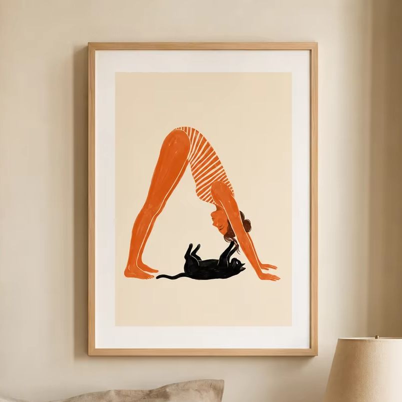 Home Office Yoga Room - ملصق يوغا مع قطة، لوحة قماشية
